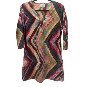 Poeme Colorful Print Boho Cotton Tunic Mini‎ Dress Small